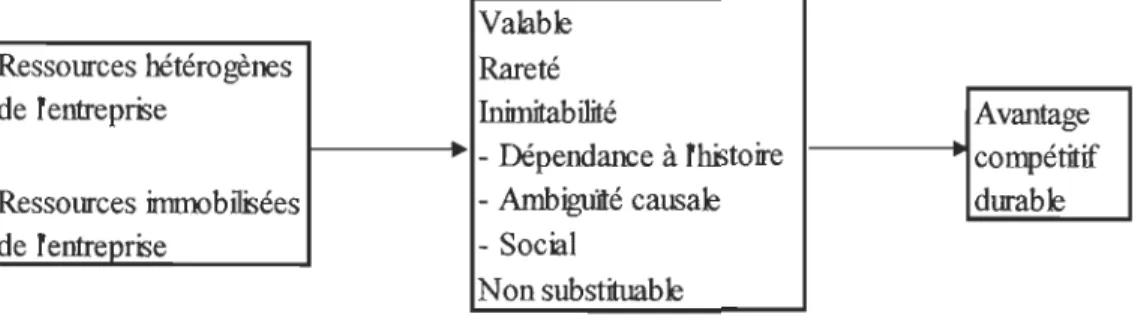 Figure 16 - Relation entre ressources hétérogènes et immobilisées, valable,  rareté, inimitabilité et non remplaçable et l'avantage compétitif durable 