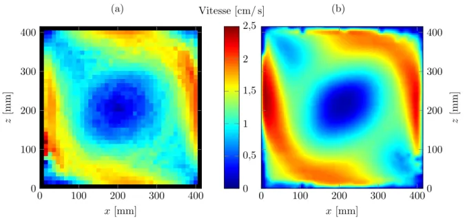 Figure 2.4 – (a) Champ pseudo-Eulérien du module de vitesse obtenu avec les données Lagrangiennes, Ra = 5,0×10 10 