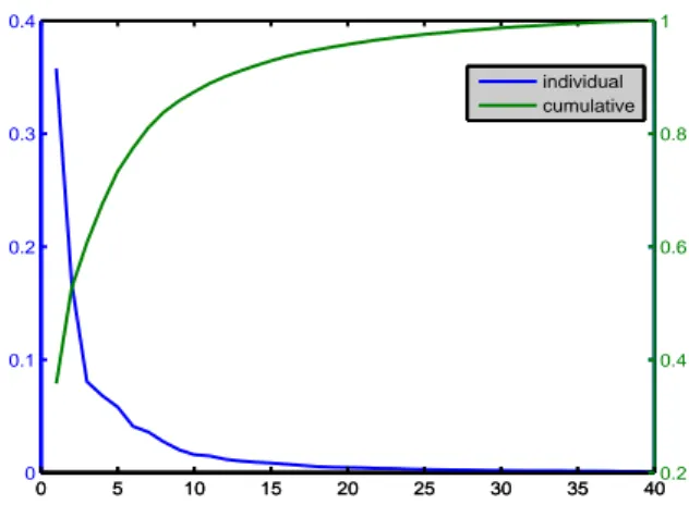 Fig. 2. The individual and the cumulative captured variance of the 40 available features