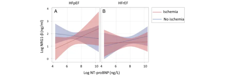 Figure 3 (A – D) Kaplan – Meier analyses displaying increased survival free of HF hospitalization by median NRG 1 - β (A) in HFpEF displaying improved prognosis above median NRG 1 - β ; (B) in HFrEF displaying worse prognosis above median NRG 1 - β ; (C) i