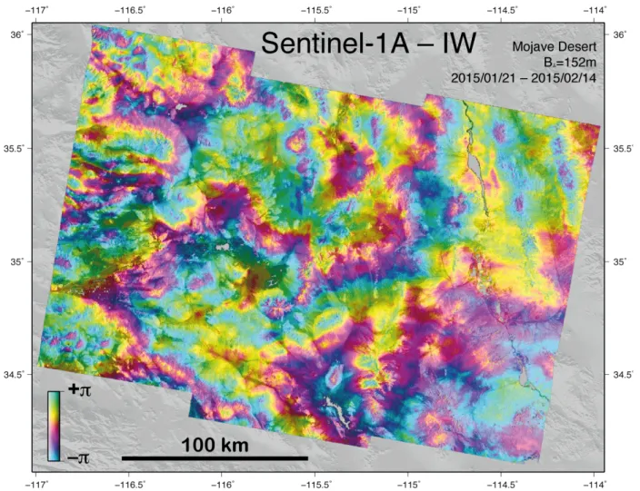 Figure 8. Sentinel-1A TOPS interferogram computed with the proposed method. The interferogram covers a highly coherent area in the Mojave desert, western USA.