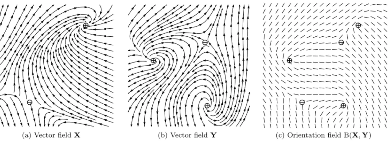 Figure 4: Example of the bisection of two vector fields. Singularities of positive index have been marked with a ⊕ symbol, while singularities of negative index have been marked with a symbol.