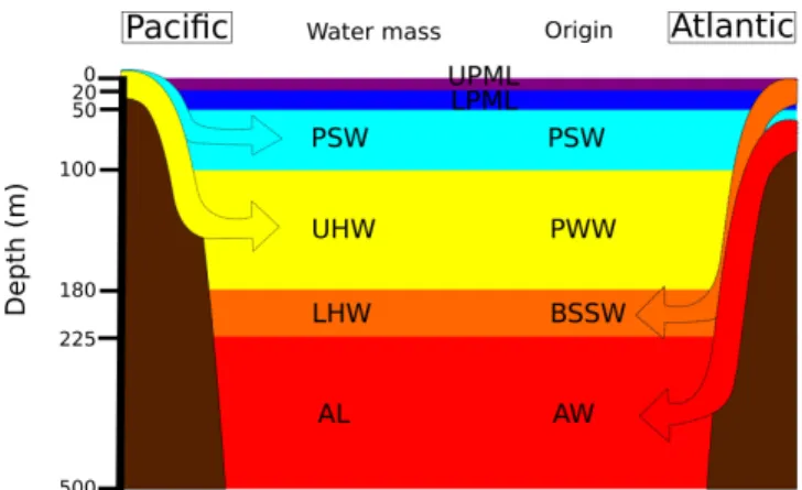 Fig. 2. A schematic image of water masses of the Arctic Ocean. The different water masses correspond to different colors as in Figs