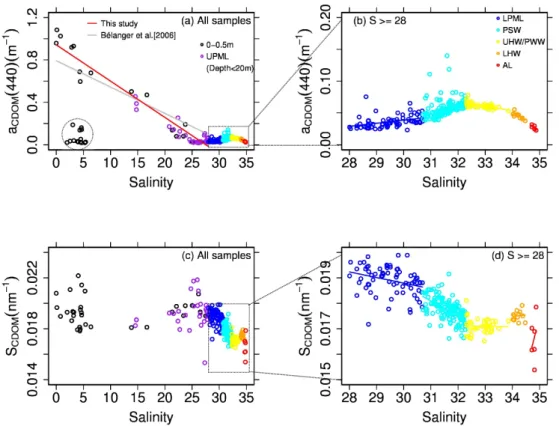 Fig. 5. Upper panels: a CDOM (440) as a function of salinity (S) for (a) the whole range and (b) S ≥ 28 (below the UPML)