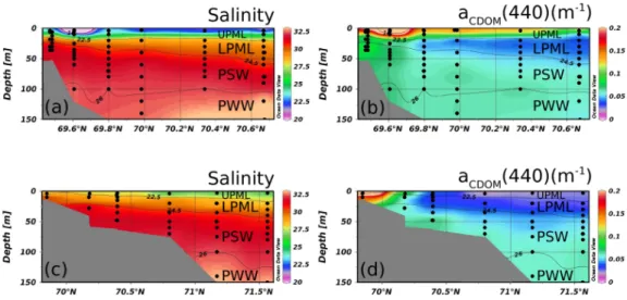 Fig. 6. Vertical section of the two channels of the Mackenzie River (see Fig. 1). (a) Salinity and (b) a CDOM (440) in the western transect and (c) Salinity and (d) a CDOM (440) in the eastern transect