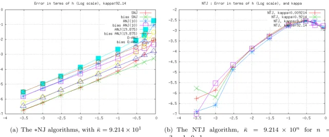 Figure 5. Single sphere. Numerical error approximations (and their theoretical bias for the –NJ algorithm, in terms of h.