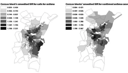 Fig.  2.  Maps  of  age-standardized  incidence  ratios  of  emergency  calls  for  asthma  and  of  SAMU-confirmed asthma cases, across Strasbourg Metropolitan Area’s census blocks Table  III