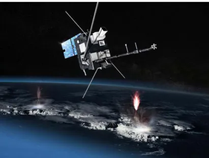 Illustration du satellite Taranis - Sprite TARANIS (Tool for the Analysis of RAdiations from light NIngs and Sprites) est un projet microsatellite, du programme Myriade du Cnes, dédié à l'étude des transferts impulsifs d'énergie entre l'atmosphère et l'env