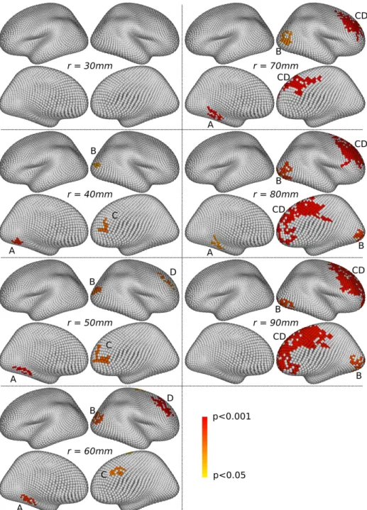 Figure 7: Gender differences. For each value of r, four views are shown, two per hemi- hemi-sphere: the left hemisphere is shown on the left, and the right on the right, with  re-spectively their external and internal faces at the top and the bottom