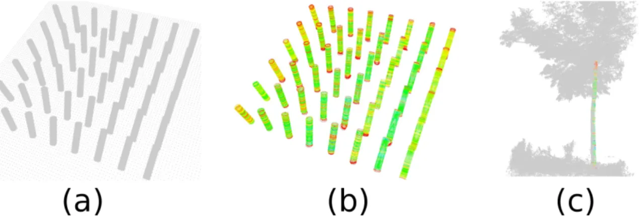 Figure 1 : (a) simulated point cloud : cylinders with increasing orientation angle and noise, (b) reconstruction with Hough transform (circles are coloured according to their value in the HS), (c) laser scanned tree stem and