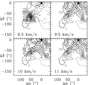 Fig. 6. Comparison of the emission distribution of the SO 3 4 − 2 3 (black contours) at various velocity intervals (6.5, 9.5, 10, 10.5 km/s) with the CO 2-1 high-velocity outflow