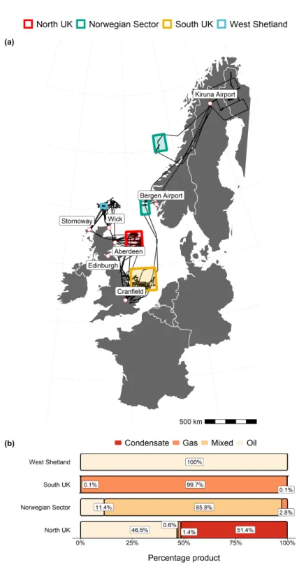 Figure 1. (a) Regions of the North Sea defined for analysis. The black lines represent the flight tracks of the research aircraft