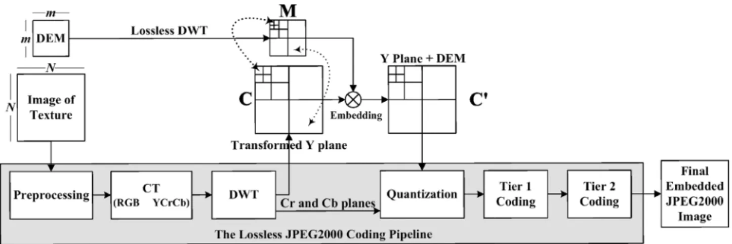 Fig. 4. Description of the method: embedding transformed DEM coefficients into the transformed coefficients of each Y texture subband.