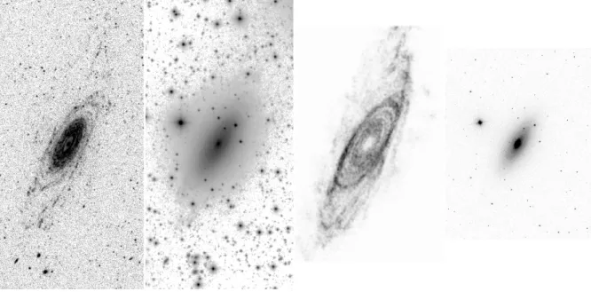 Figure 7: Comparison of images of NGC 2841. At left: GALEX far UV image; next to it the Dragonfly (Abraham &amp; van Dokkum 2014) G-band image (Zhang et al