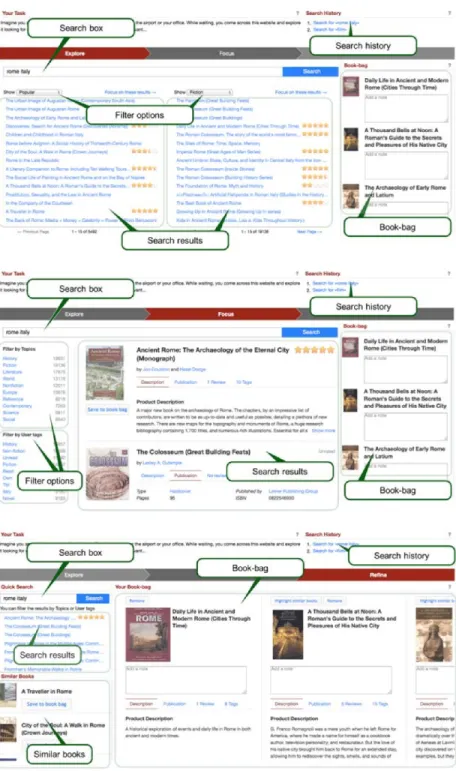 Fig. 2. Multistage interface: Explore view (top), Focus view (middle), and Refine view (bottom)