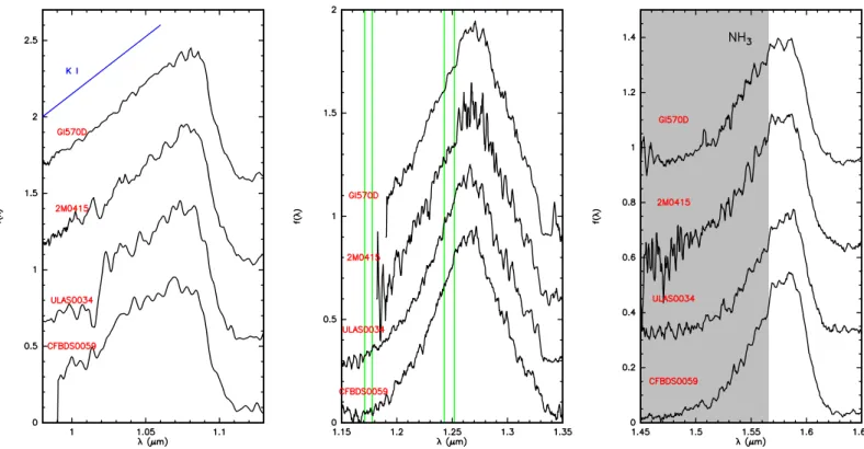 Fig. 5. Y, J and H-bands spectra of the four cool brown dwarfs. The green vertical lines in the 1.15 µm - 1.35 µm panel mark the two potassium doublets