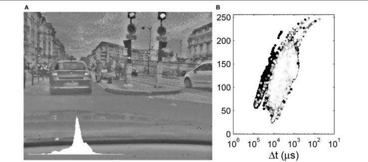 FIGURE 6 | (A) Local tone mapping with R = 10. Inset: Image histogram. (B) Display values as a function of the input time differences