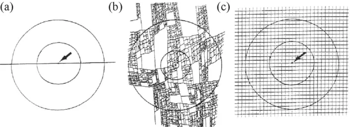 Figure 16: Milieux de dimension D. (a) D=1, (b) 1&lt;D&lt;2 et (c) D=2. D’après Acuna et Yortsos  [1995]