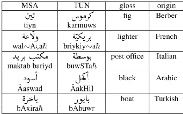 Table 1: Examples of lexical variations between TUN and MSA