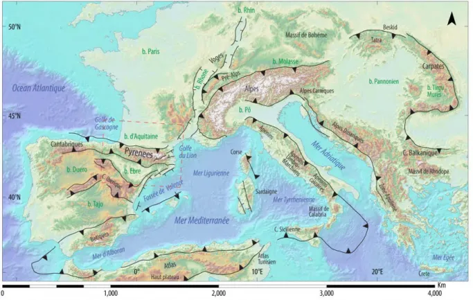 Figure  1.1  :  Principales  structures  compressives,  liées  à  l'orogenèse  alpine,  et  extensives,  liées  à  l'ouverture de la Mer Méditerranée, d'Europe