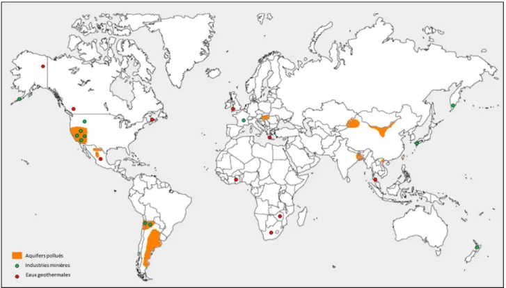Figure I. 1  Distribution mondiale des zones hautement polluées en As, associées à des sources  hydrothermales, à une exploitation minière ou à des aquifères contaminés (Smedley and Kinniburgh, 2002)