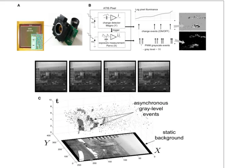 FIGURE 1 | ATIS, Asynchronous Time-based Image Sensor: (A) The ATIS and its pixel array, made of 304 × 240 pixels (QVGA)