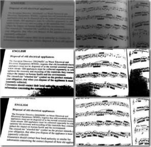 Fig. 10. Binarization of live images using a smartphone. (top) Grey input, (middle) Otsu’s method, (bottom) proposed method.