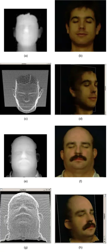 Fig. 10 3-D visualization corresponding to Fig. 9. 共 a 兲 L− 1 approxi- approxi-mate DEM-3.18-m error, 共 b 兲 L− 1 approximate texture 共 L ⬘ = 4 兲 —4.29 bpp, 共 c 兲 L− 2 approximate texture 共 L ⬘ = 3 兲 —1.1 bpp, 共 d 兲 L− 3 approximate texture 共 L ⬘ = 2 兲 —0.2