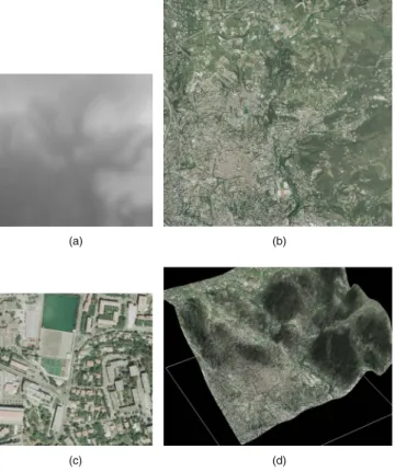 Fig. 5 Example images: 共 a 兲 32 ⫻ 32 DEM, 共 b 兲 3072 ⫻ 3072 pixel tex- tex-ture, 共 c 兲 a 256 ⫻ 256 pixel detail of 共 b 兲 , 共 d 兲 a corresponding 3-D view.