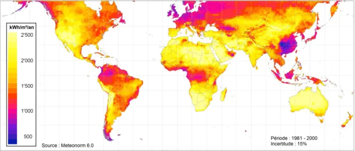 Figure 1-9 : Cartographie du rayonnement direct annuel au niveau du sol 