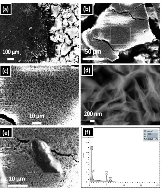 Figure 2: SEM images of CeO 2  deposited on aluminum (a, b, c, d, e); (f): X-ray microanalysis spectrum of (b) 