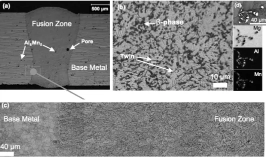 Fig. 1. Optical micrographs of (a) the weld section, (b) the fusion zone and (c) the base metal-fusion zone transition