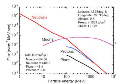 Figure 1.16 : Spectres th´eoriques des rayonnements cosmiques secondaires au niveau de la mer [Ziegler, 1996].