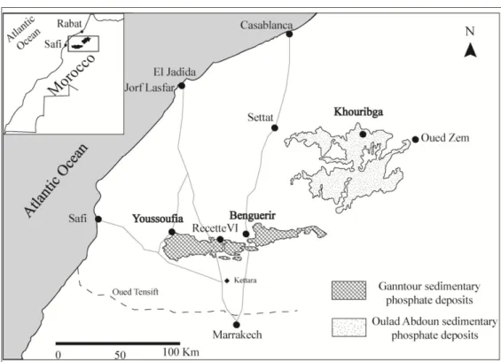 Figure I-1 : Carte géographique montrant les sites de prélèvement de la boue de phosphate et  des matériaux argileux