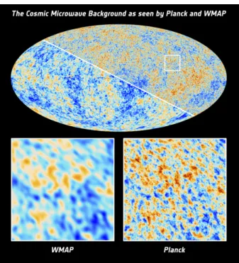 Figure 1.1: This image shows the Cosmic Microwave Background as seen by ESA's Planck satellite (upper right half) and by its predecessor, NASA's Wilkinson Microwave Anisotropy Probe (lower left half)