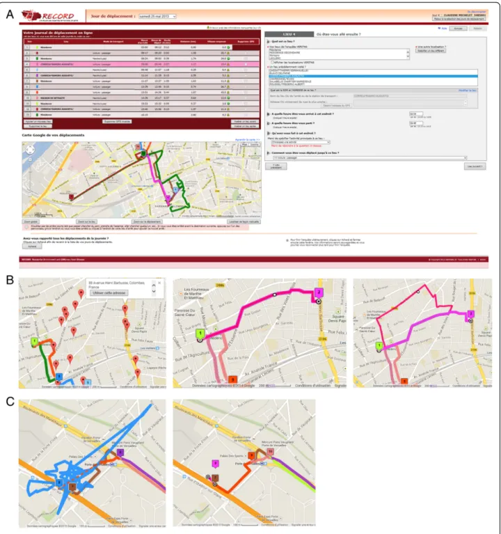 Fig. 1 Screenshots of TripBuilder Web used for the GPS-based mobility survey in the RECORD MultiSensor Study