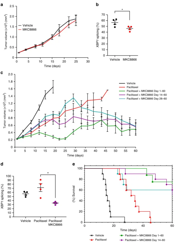 Fig. 7 MKC8866 enhances the effectiveness of paclitaxel in vivo. Xenografts were established by subcutaneously injecting 5 × 10 6 MDA-MB-231 cells into the right ﬂ ank of female athymic nude mice (Crl:NU(Ncr)- Foxn1nu , Charles River)