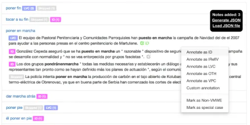 Figure 3: Consistency-check tool at work. Here, (ES) poner en mar- mar-cha ‘to put in march’ ⇒ ‘to start’ was annotated once as LVC, twice as ID and once skipped