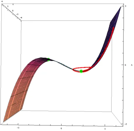 FIG. 6. Numerical “canards solutions” and slow manifold of system (56) for param- param-eter values: ε = 1/10, β = 0.47, γ Duck = 0.3275, a = − 2, b = 4, d = 3, c 1 = 280/729 and c 2 = − 26/27.