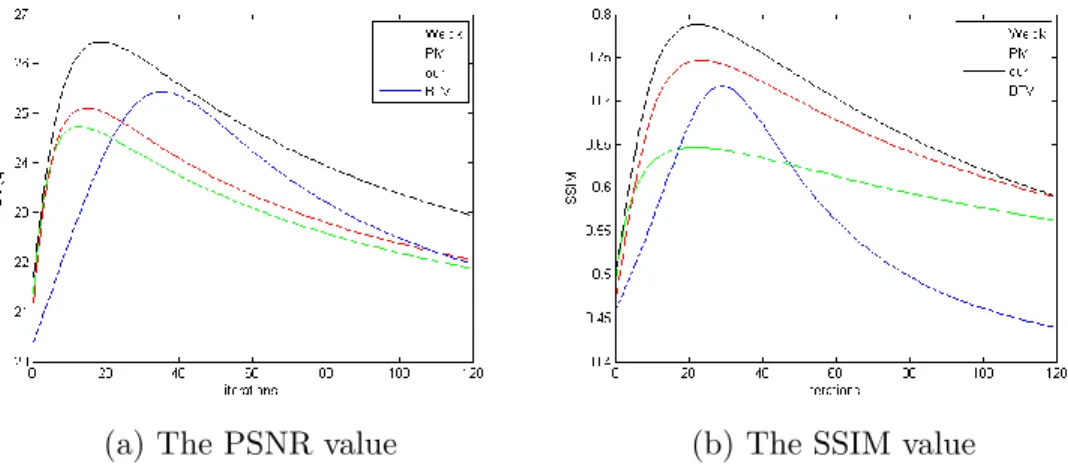 Figure 3: The variation of the PSNR and SSIM values (for the obtained images in figure 1) with respect to number of iterations for different regualizers.