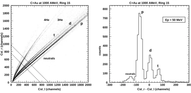 Figure 5.2: Left panel: matrix CsI r (fast component) versus CsI l (slow component) in channels for the ring 15 (126 o ≤ θ lab ≤ 142 o ) for the reaction C+Au at the incident energy of 1000 AMeV