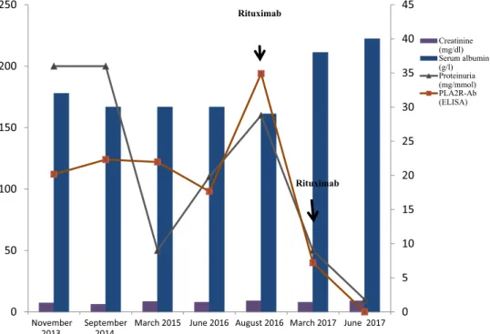 Figure 1. Evolution of creatinine, serum albumin, proteinuria, and anti-PLA2R-Ab. PLA2R-Abs are assessed by enzyme-linked immunosorbent assay (ELISA) and expressed as RU/ml.