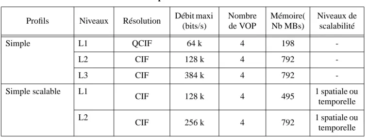 Tableau 12: profils et niveaux associés Profils Niveaux Résolution Débit maxi