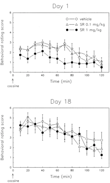 Figure 4.  Experiment 2. Effect of repeated treatment with SR 48692 on the behavioral rating  after the first cocaine injection (day 1) and after the last cocaine challenge, performed 8 days  after  discontinuing  daily  cocaine  injections  (day  18)