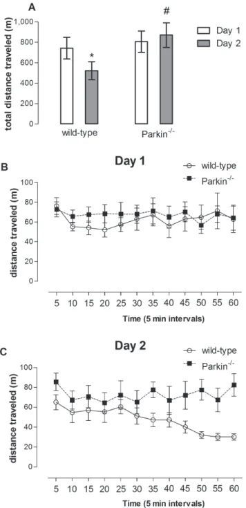 Figure 1. Effects of parkin genetic deletion on locomotor activity and habituation. (A) total distance traveled by wild-type and parkin 2/2 mice at days 1 and 2 of analysis in an open field arena