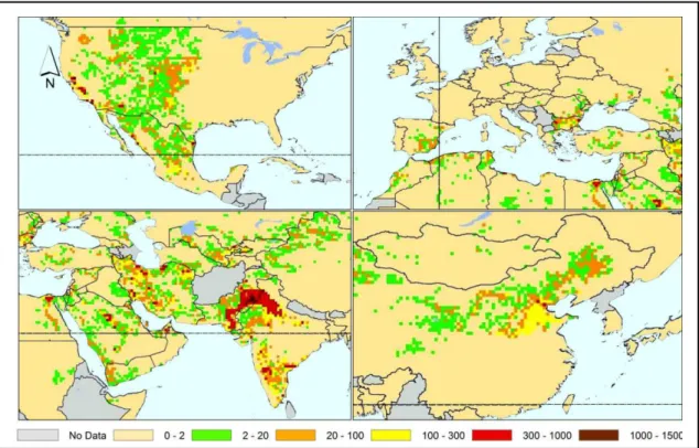 FIGURE 0.3: World map of simulated groundwater depletion in the regions of the U.S.A.,  Europe, China and India and the Middle East for the year 2000 (in mm/year modified from  Wada et al., 2010) 