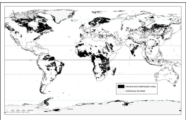 FIGURE 1.1: World map of crystalline rock distribution gridded to a 0.5° spatial resolution  (data from Hartmann &amp; Moosdorf, 2012)  