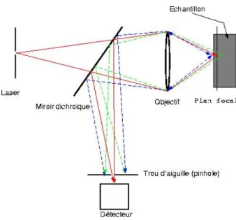 Fig. 2.14 – Principe du microscope confocal : les zones d´ efocalis´ ees ne sont pas prises en compte grˆ ace ` a l’ouverture tr` es faible ( pinhole)