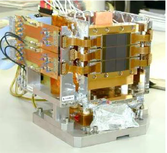 Figure I-2.16: Vue du détecteur CCD. On voit nettement les 6 matrices CCD qui le forment ainsi que l’ensemble de l’électronique d’acquisition et de contrôle.
