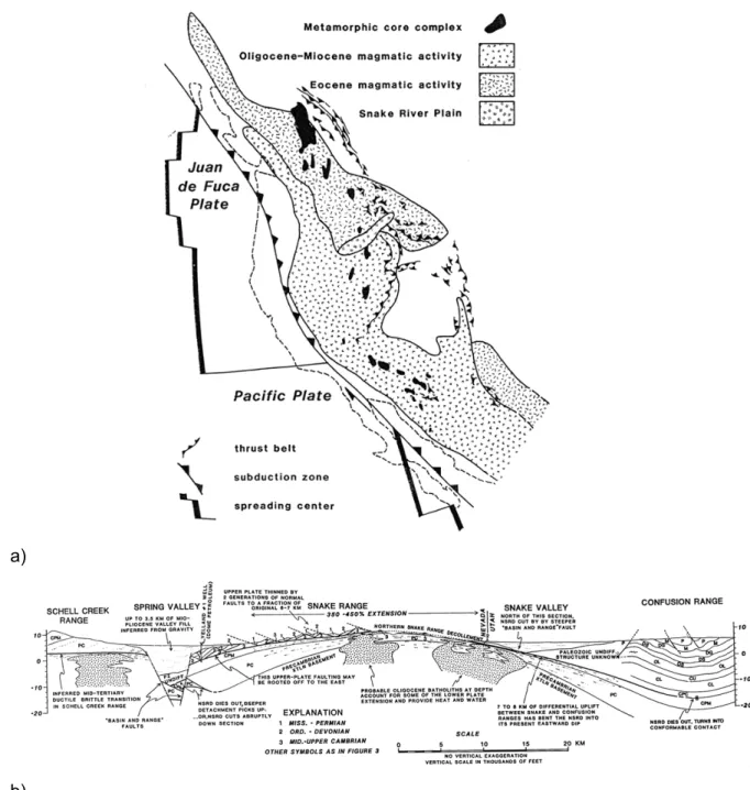 Figure 1-3 : a) Carte des dômes métamorphiques et de l’activité magmatique dans le Basin &amp; Range (Coney &amp; 